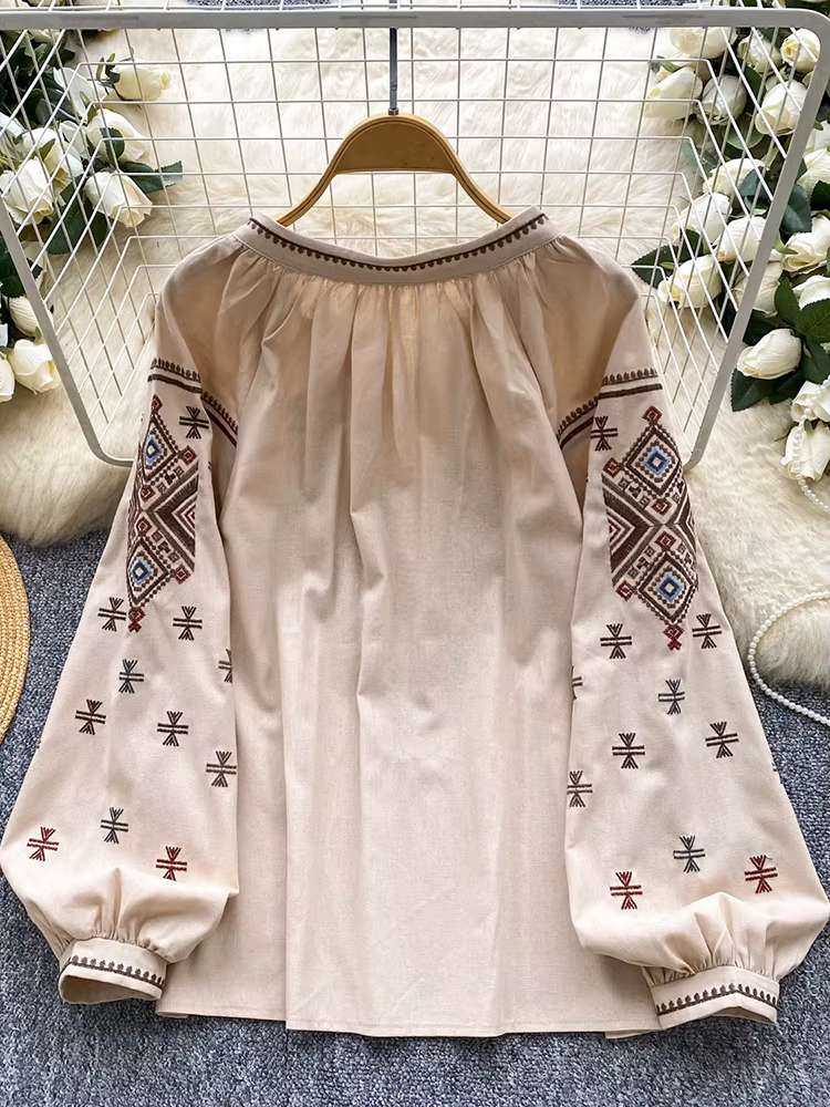 Femmes automne Blouse ample artistique rétro industrie lourde broderie nœud col rond lanterne manche