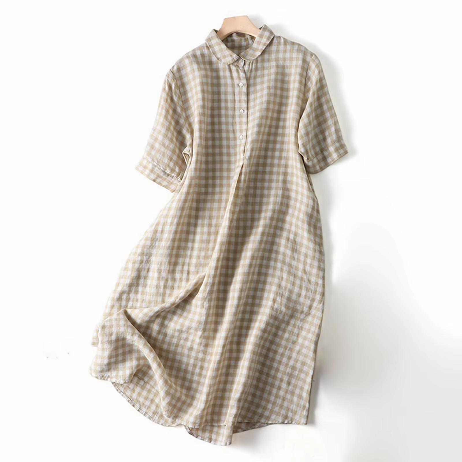 Robe longue à carreaux en lin pour femmes, chemise rétro à demi-manches, robe maxi à revers, mode co