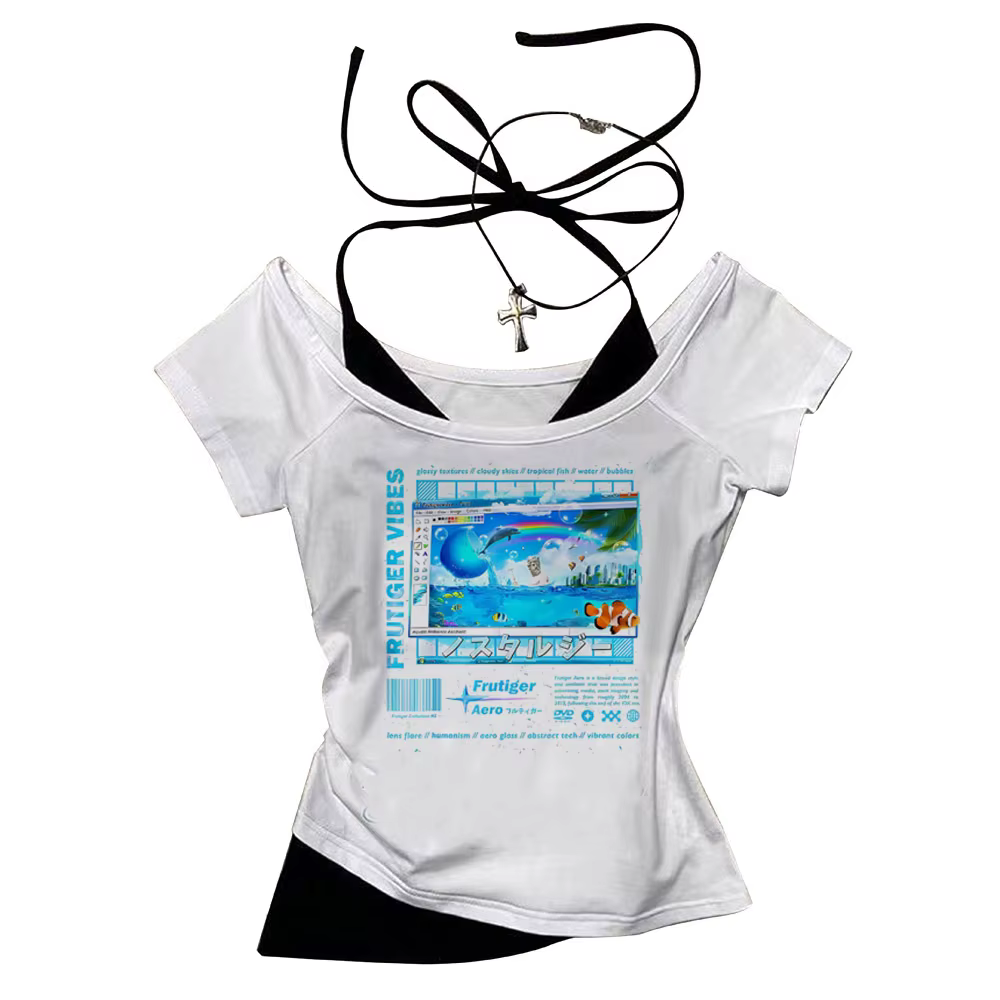 Frutiger Aero crop top harajuku mignon été gothique fée Grunge 2025 Streetwear adolescents t-shirt