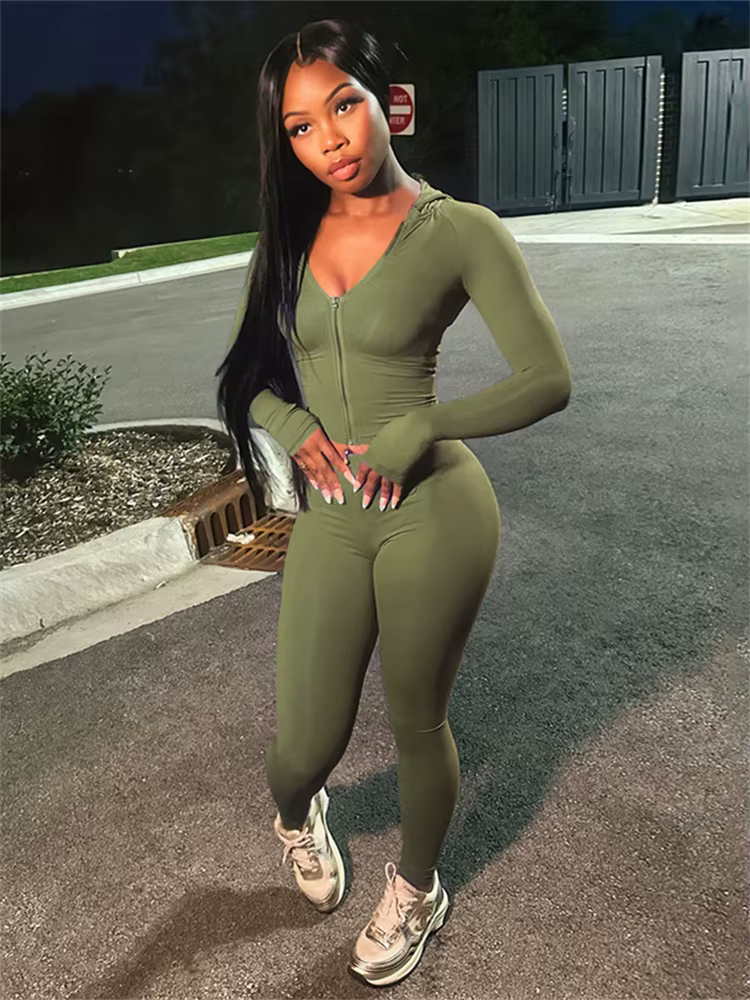 Nibber Sportif Casual 2 Pièce Ensemble Femmes Survêtement À Capuchon Zip Crop Tops + Leggings Fitnes