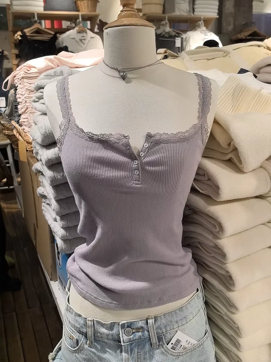 Débardeur côtelé violet en dentelle pour femmes, Camisole en coton sans manches à quatre boutons, co