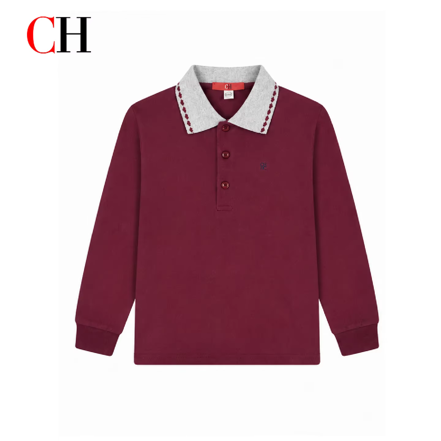 Polo à manches longues CH Bourgogne avec col gris contrastant brodé en coton doux pour enfants, unif