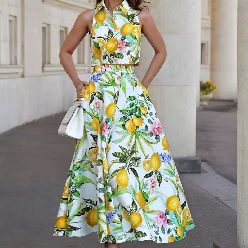 Ensemble 2 pièces élégant : Chemise sans manches à revers et boutons & Jupe longue taille haute impr