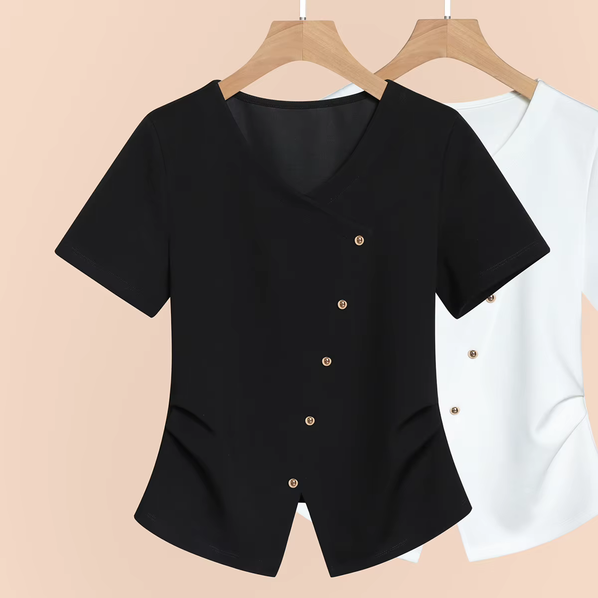 T-Shirt blanc à la taille pour femmes, Style français, col en V, manches courtes, chemisier à la mod