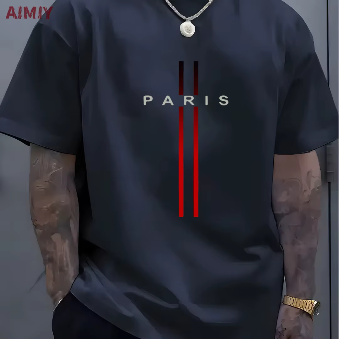T-shirt à Manches Courtes et Col Rond pour Homme, Haut Décontracté, Imprimé de Lettres PARI, Été