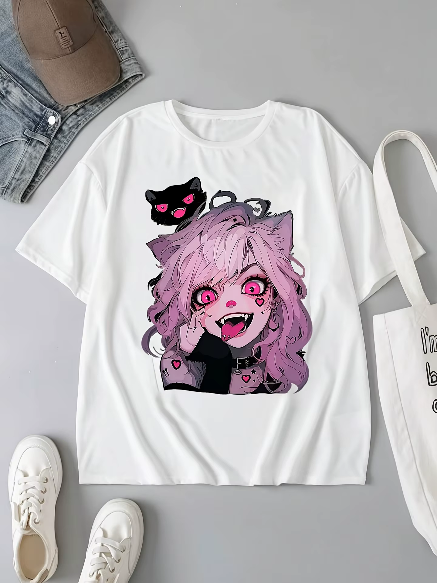 T-Shirt graphique chat mignon pour femmes, manches courtes, col rond, haut décontracté avec cheveux 