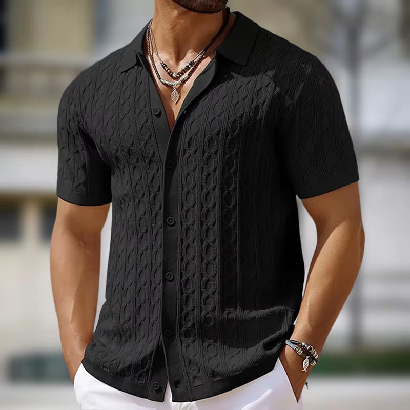 Polo en tricot décontracté pour homme, manches courtes, boutonné, couleur unie, tricot texturé, lége