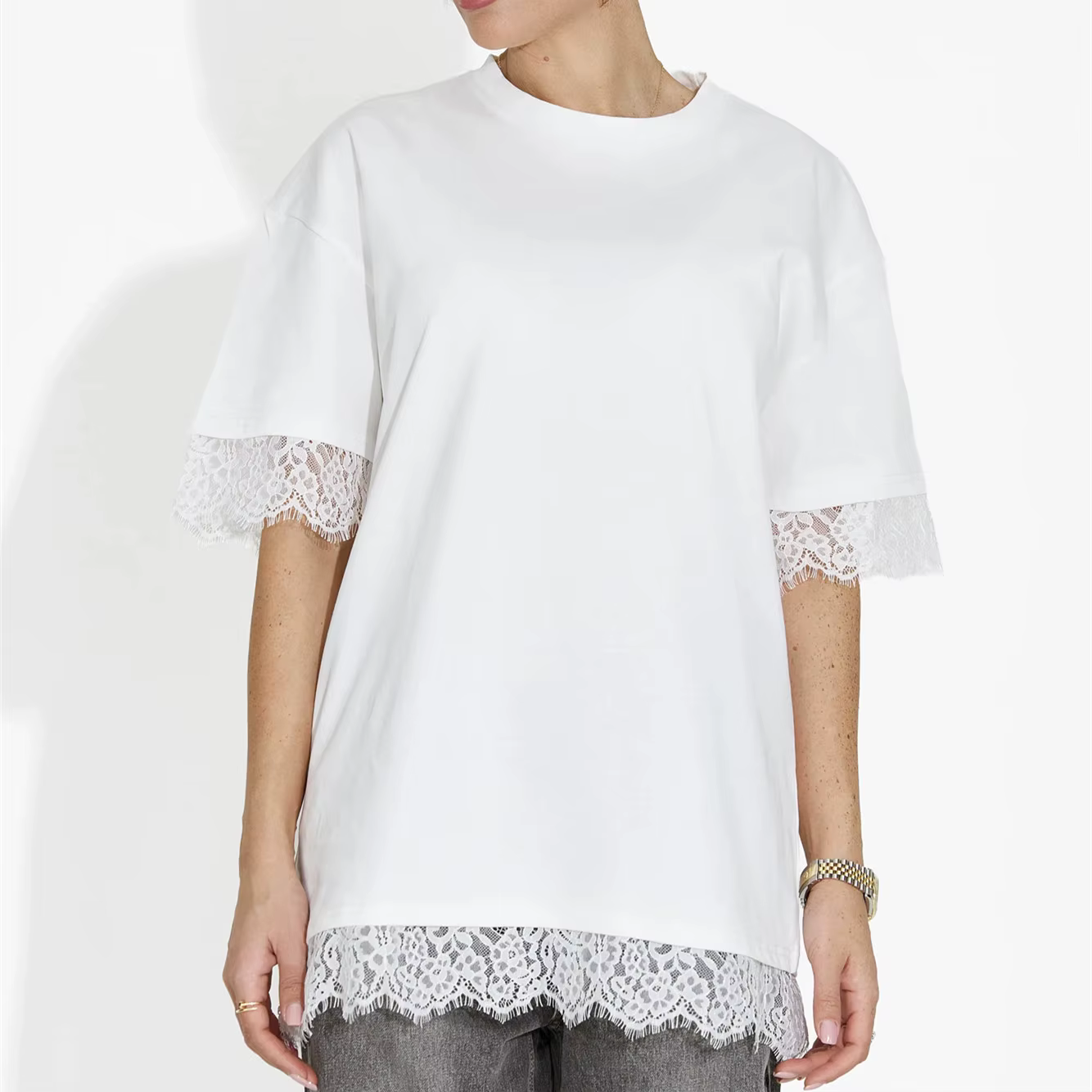 T-shirt surdimensionné pour femmes, couleur unie, à panneaux, col rond, garniture en dentelle, nouve