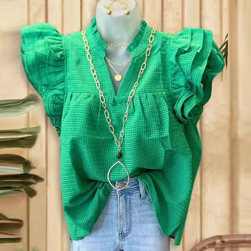 T-shirt d'été à manches courtes et col en V pour femme, haut élégant à volants, style décontracté