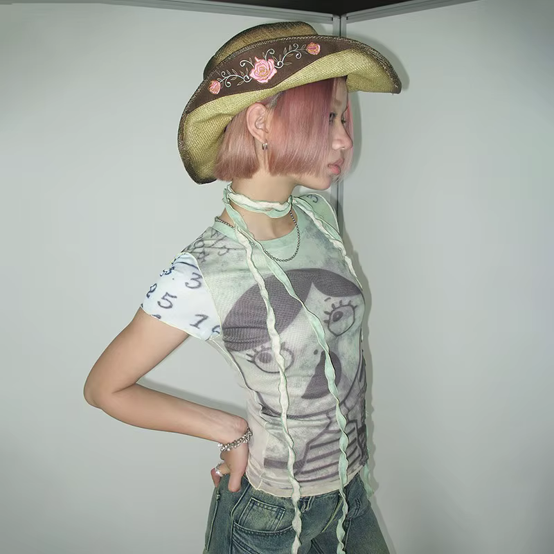 Karrcat-T-shirt en maille grunge et esthétique, Cyber Graphic, Harajuku Fairycore, Bandage Crop Top,