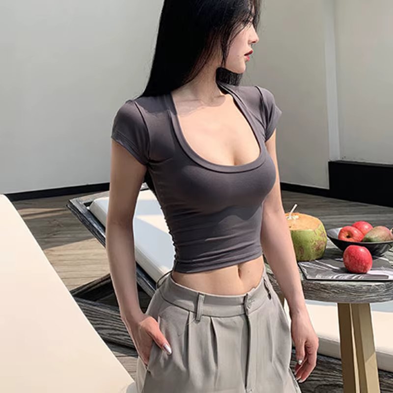 T-shirt slim d'été pour femme, sexy, à manches courtes, col en U, gris, basique uni, noir/blanc, cro