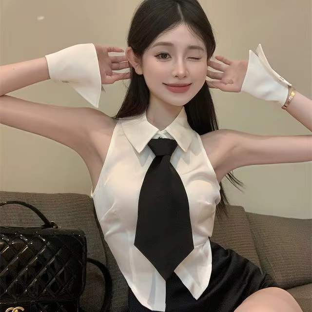 Y2k – haut court sans manches pour femme, chemise blanche Sexy, vêtements minimalistes, Style coréen