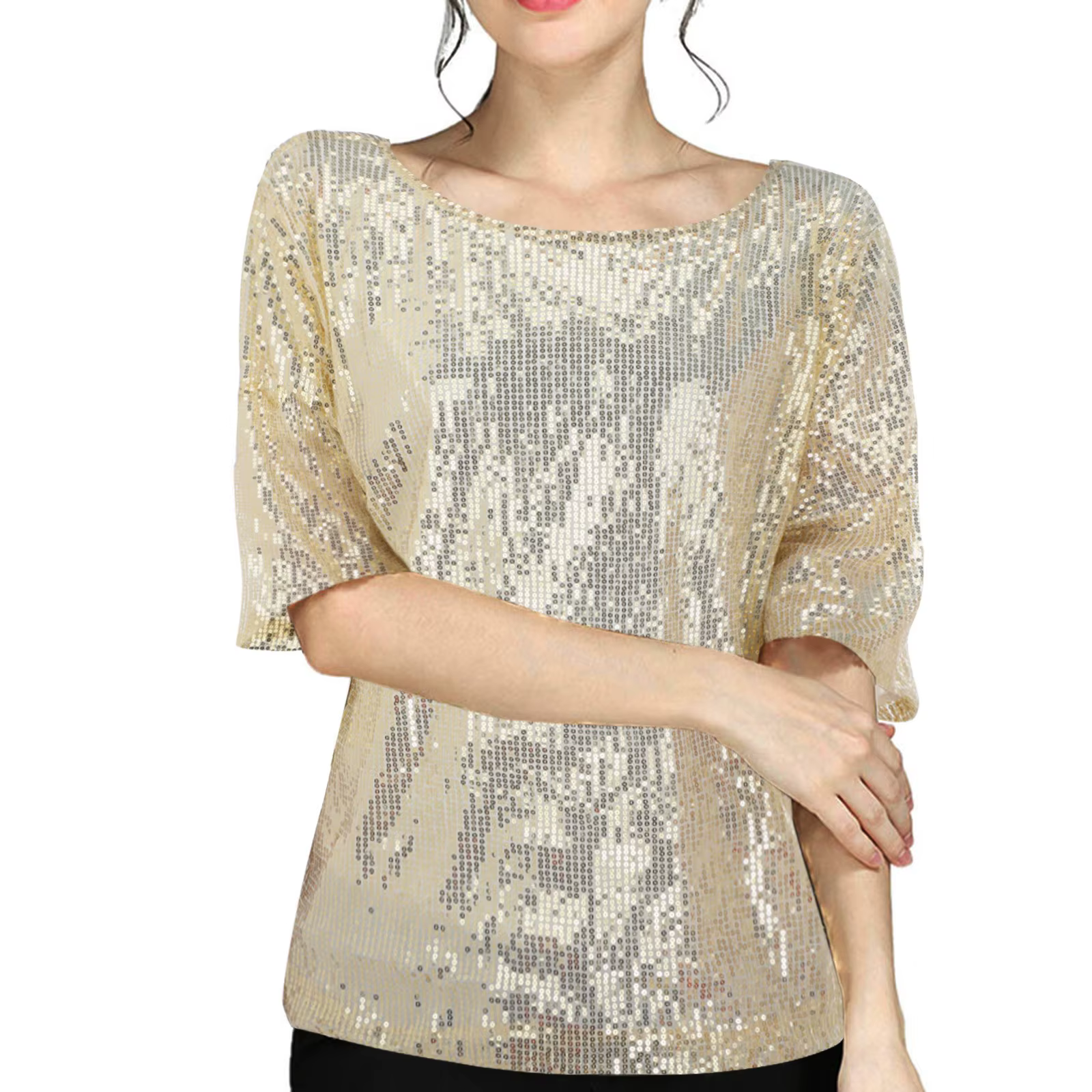 T-shirt pour femmes avec paillettes brillantes, col rond, manches courtes, pull-over, t-shirts scint