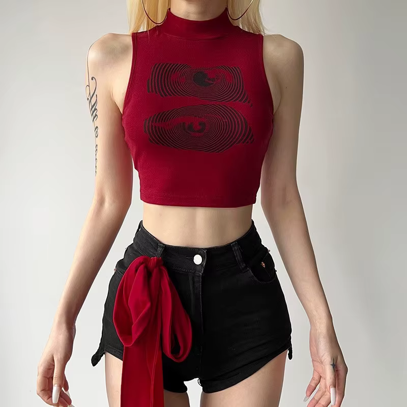 Débardeur d'été pour femmes, vêtements Y2k, haut court à la mode, col haut, imprimé rouge, sans manc