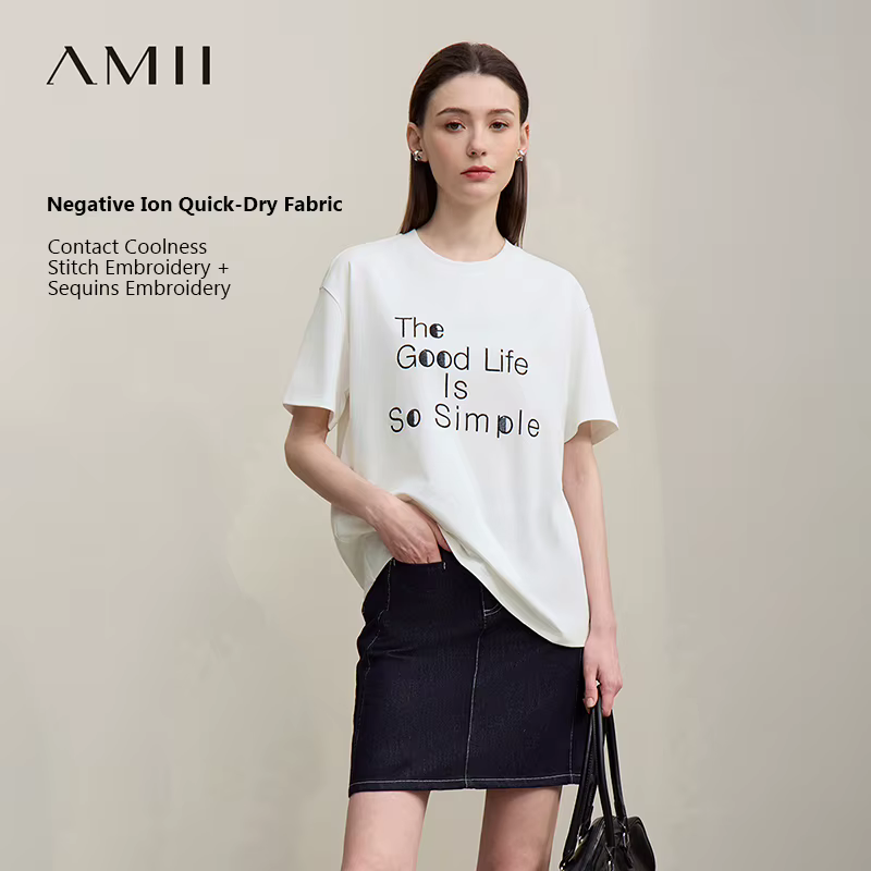 T-shirt Amii Femme Été 2026 Nouveau Décontracté Col Rond Broderie Lettres T-shirt Ample en Coton à M