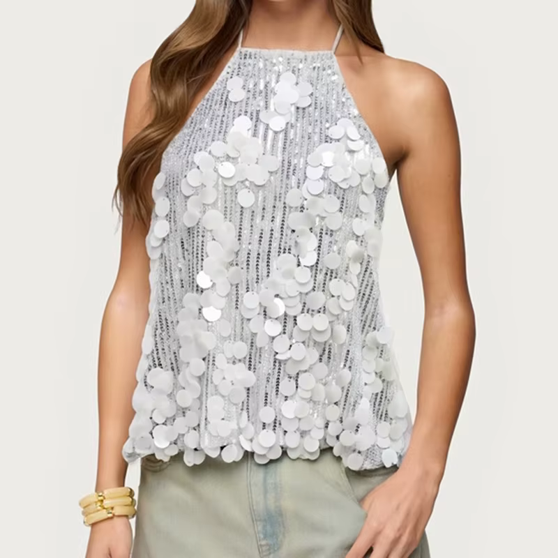 Haut à sequins pour femme, sexy, brillant, à nouer, sans manches, dos nu, débardeur scintillant pour