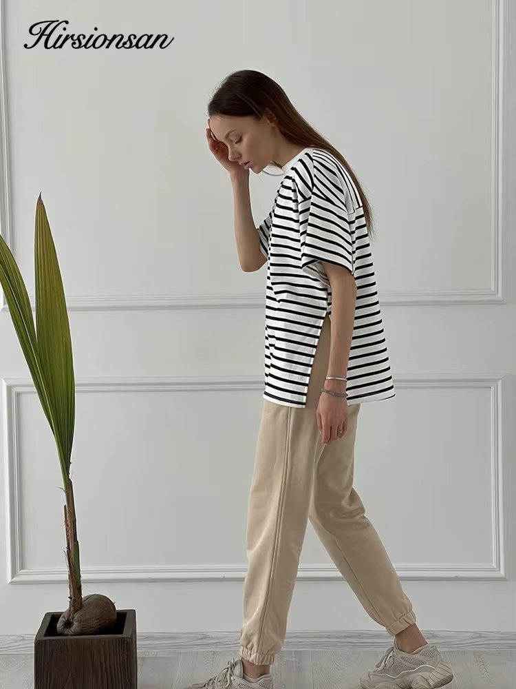 Hirsionsan – t-shirt oversize 100% coton pour femme, ample, rayé, fendu, décontracté, basique, été,