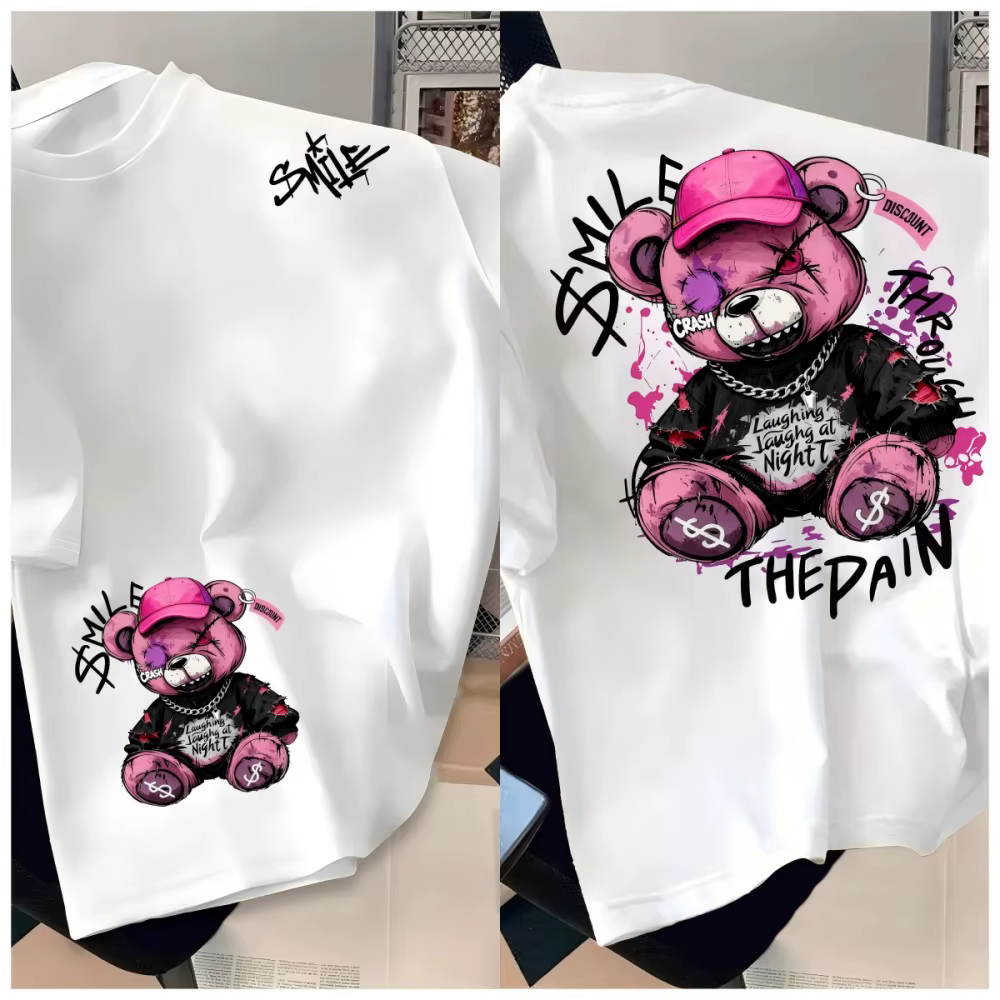 T-shirt d'été pour hommes européens et américains, imprimé ours en peluche d'horreur, confortable, r
