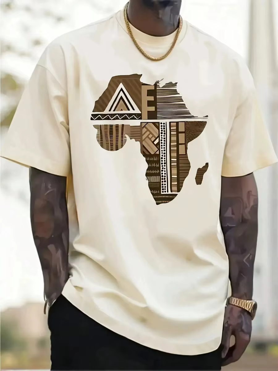 T-shirt à manches courtes à col rond avec imprimé carte d'Afrique, style streetwear, haut décontract