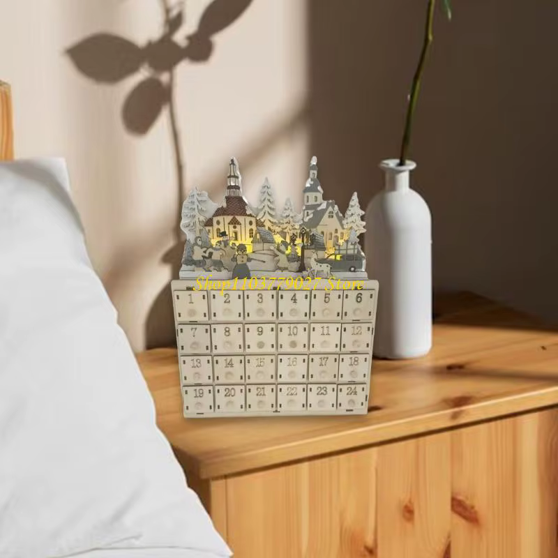 C4DF – calendrier compte à rebours noël 24 jours, avec lumières LED, tiroirs en bois, accessoire bur