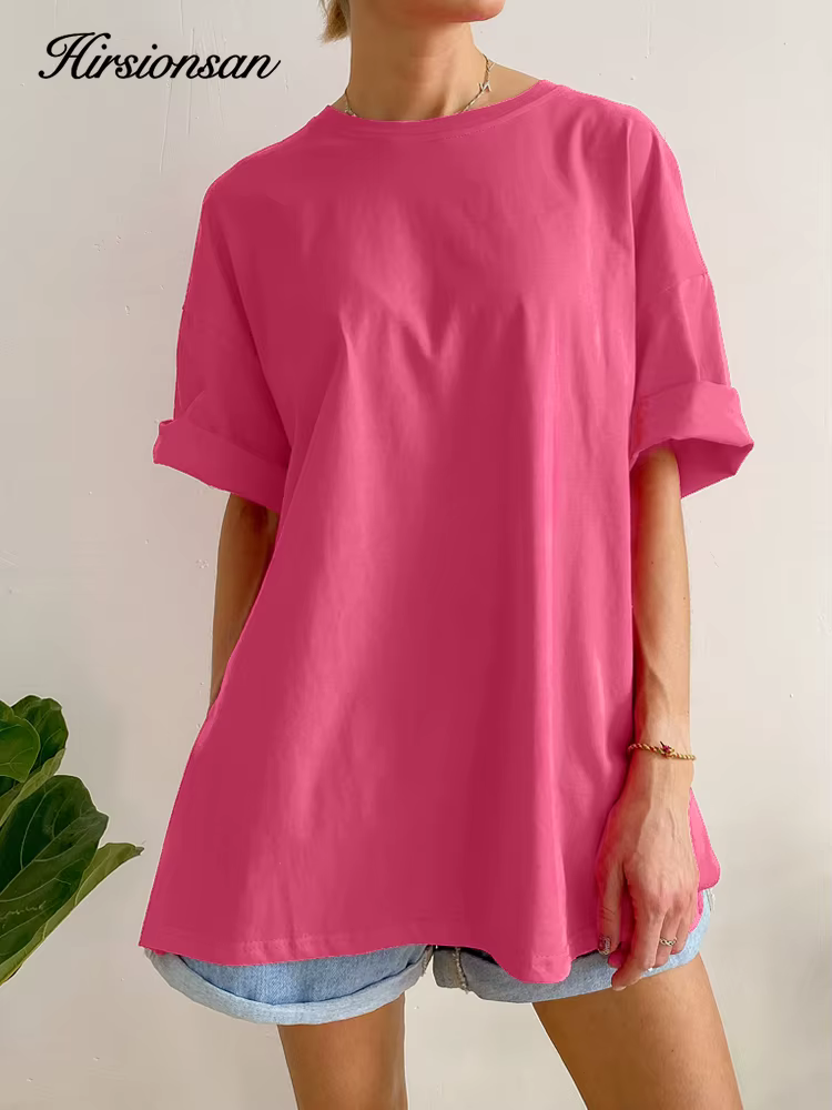Hirsionsan été surdimensionné coton t-shirt femmes 2023 nouveau ample solide fendu t-shirts décontra