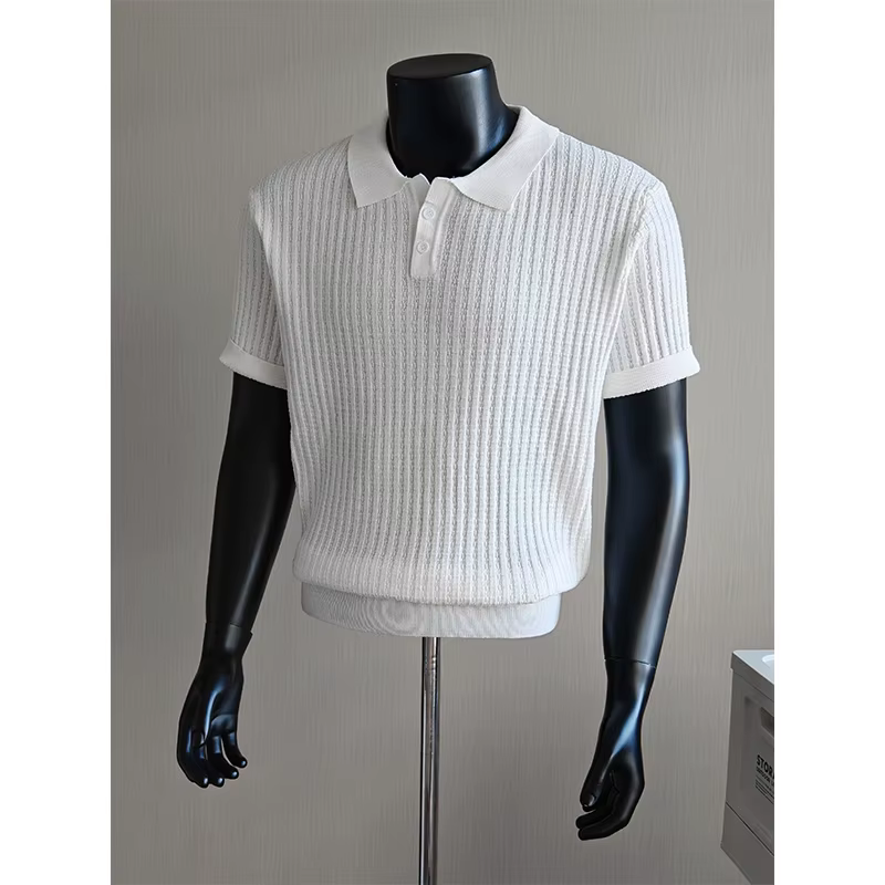 Polo à manches courtes en tricot côtelé pour hommes, couleur unie, doux, respirant, col classique, h
