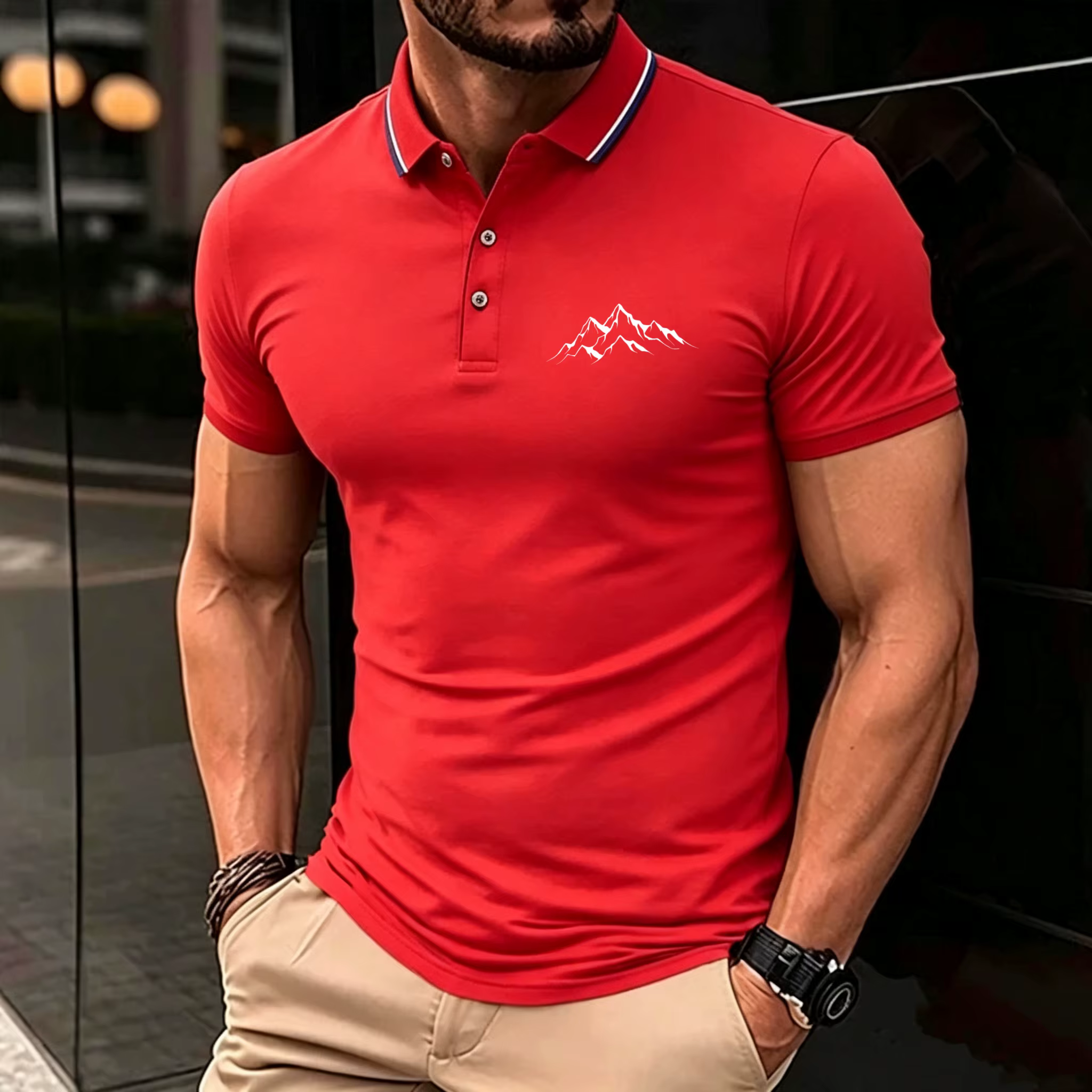 Chemises polo pour hommes, respirantes, imprimées avec un motif de montagne enneigée, col rayé color