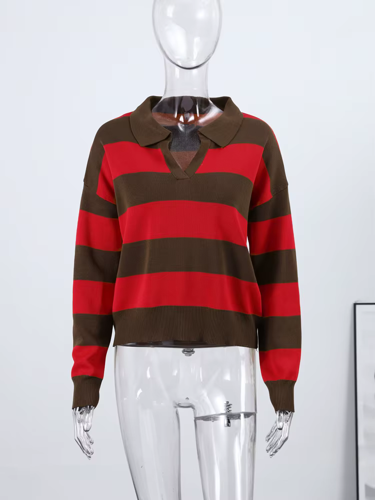 Tricoté côtelé col Polo pull femmes décontracté revers à manches longues coupe ample automne hiver t
