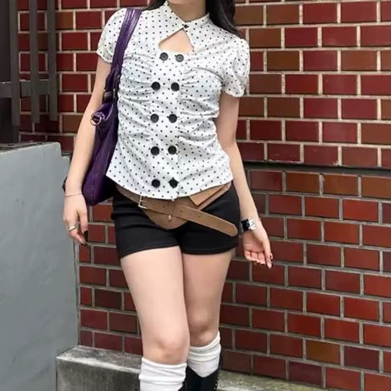 T-shirt d'été pour femme, style Y2K, à double boutonnage, imprimé pois, manches courtes bouffantes é