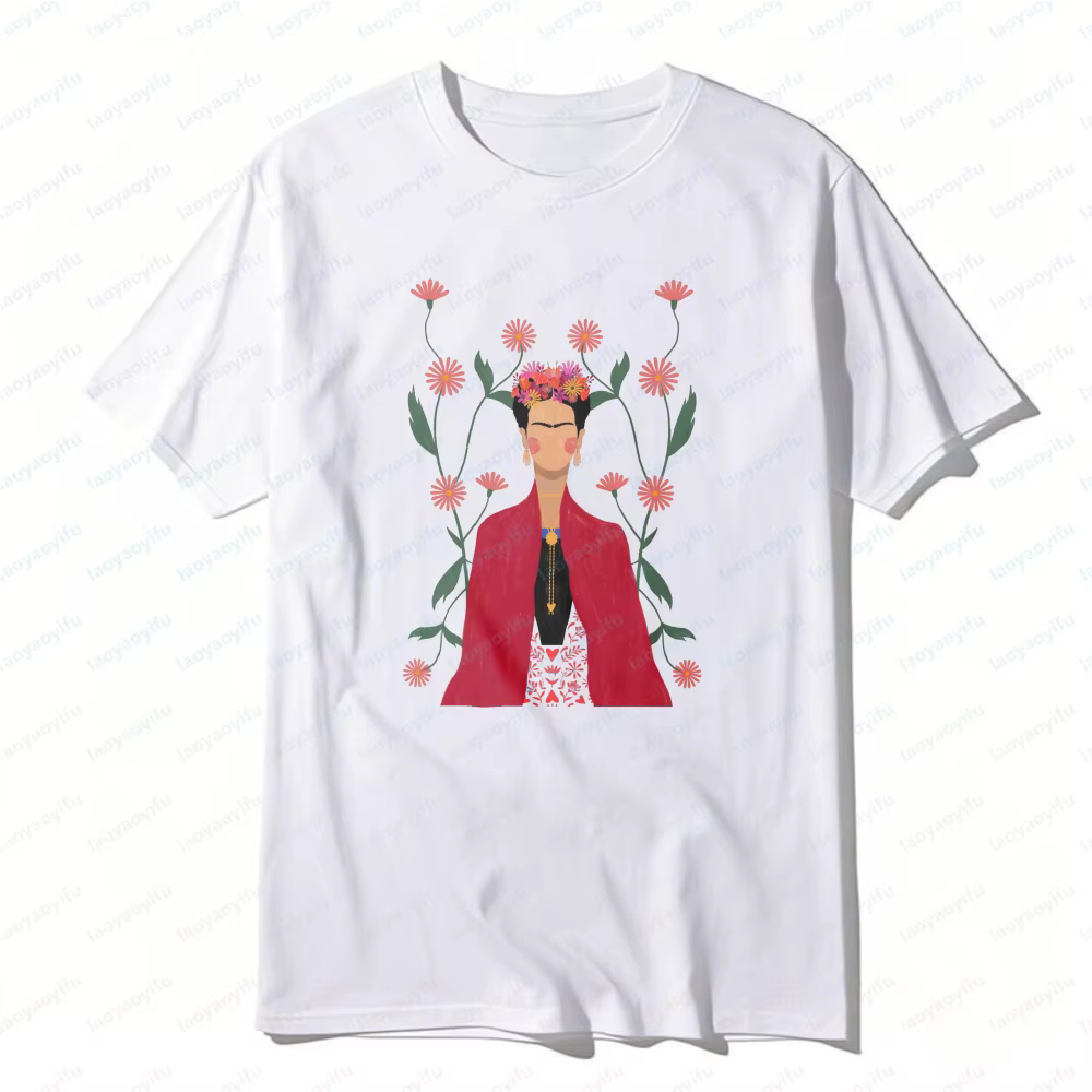 T-shirt en coton unisexe style bohème Frida Kahlo, motif floral artistique, élément floral, mode déc