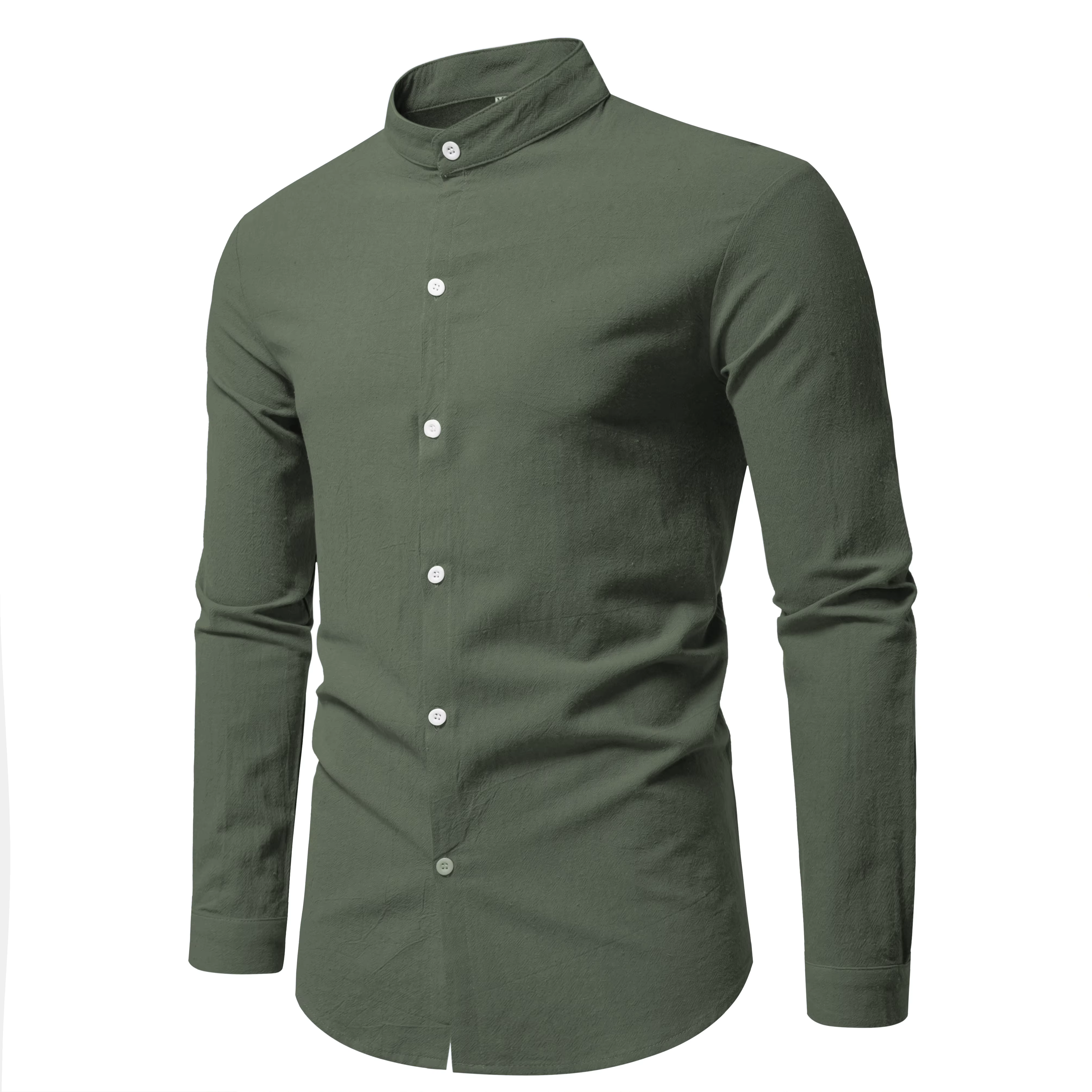 Printemps hommes à manches longues col montant couleur unie chemise décontractée hommes pur coton mo