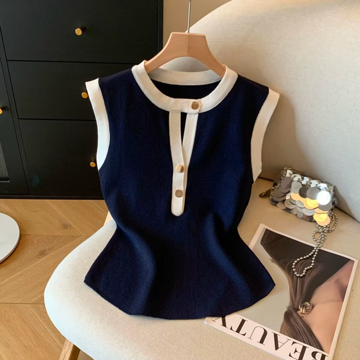 T-shirt sans manches élégant pour femme, col rond boutonné, tricot colorblock, débardeur d'été élast