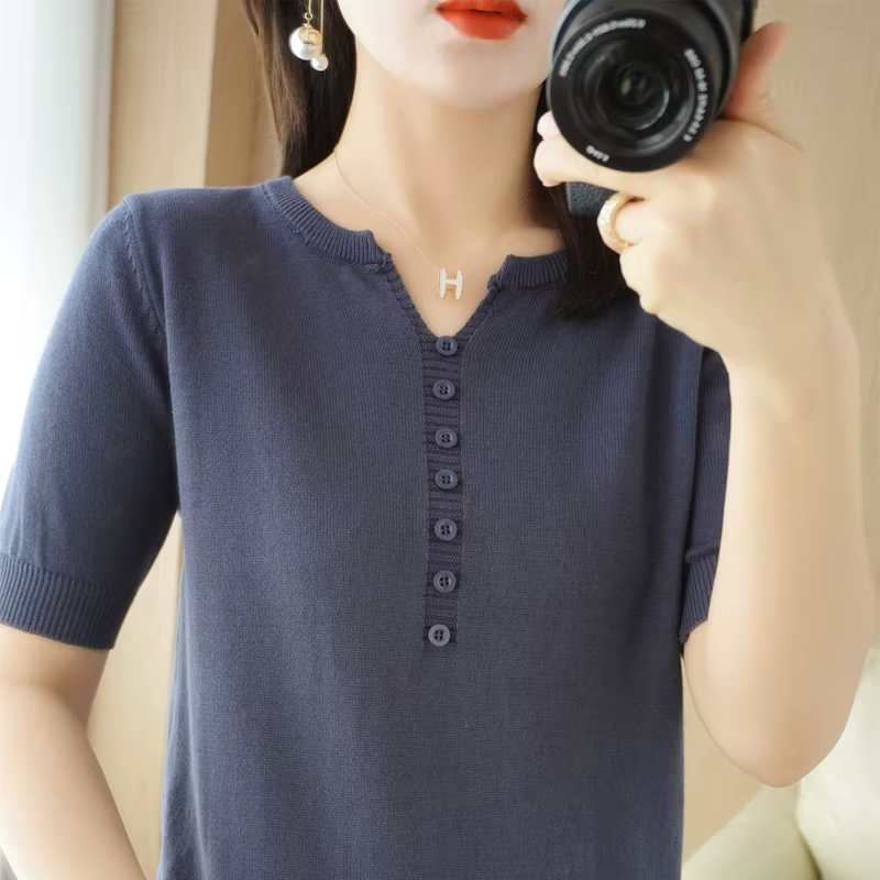 T-shirt à manches courtes et col en v pour femmes, 100% coton, Slim, pull-over, gilet, T-shirt à bou