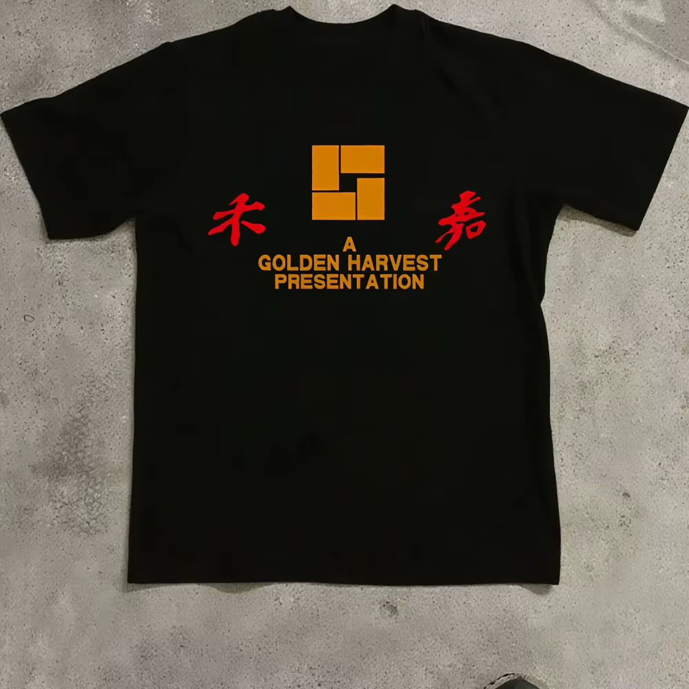 T-shirt pour hommes et femmes avec motif de film rétro Golden Harvest Hong Kong, logo noir et blanc 