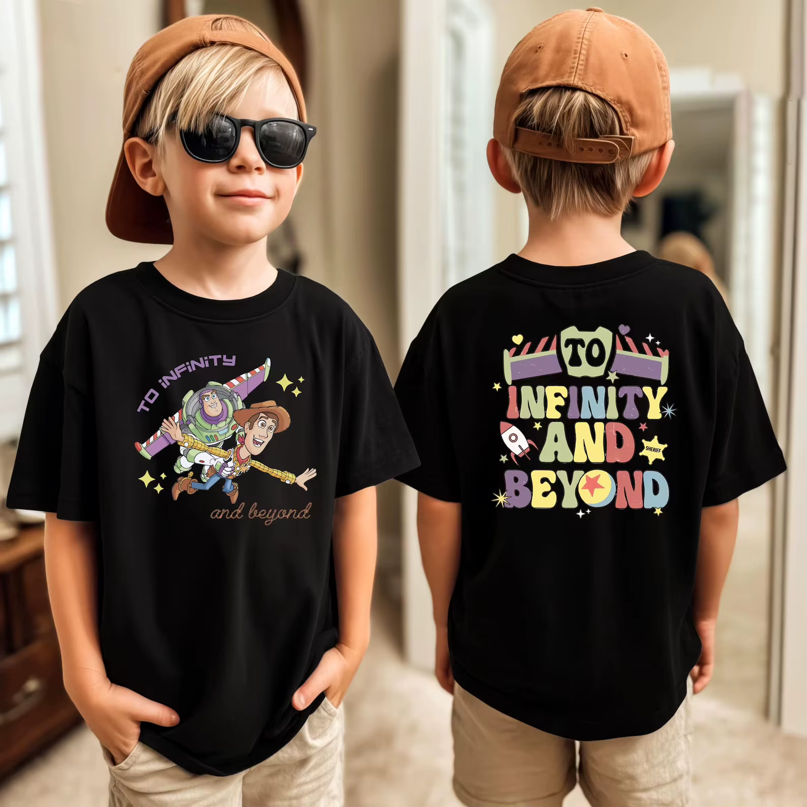 T-shirt Buzz, imprimé double face « To Infinity and Beyond », manches courtes en coton pour l'été 20