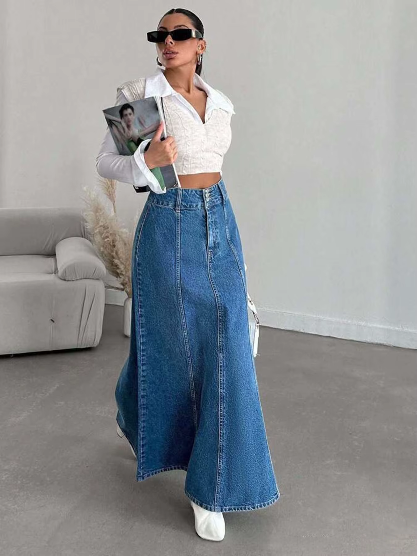 Jupe midi longue en jean pour femme pour les saisons de printemps et d'automne. Convient pour divers