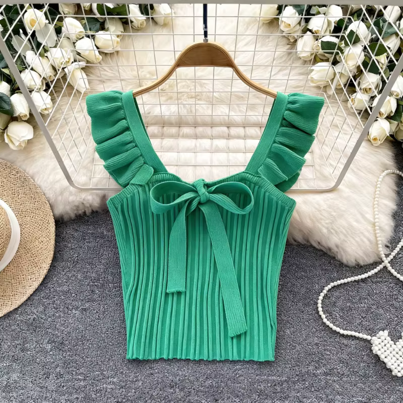 Nouvelle collection été 2026 – Haut court chic pour femme : débardeur en maille sans manches avec nœ