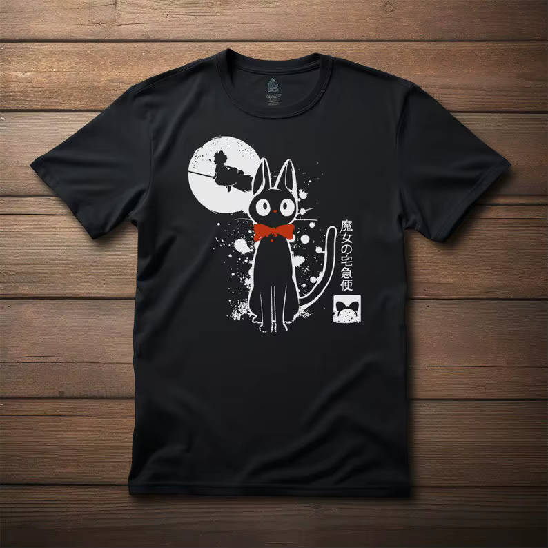T-shirt Kiki Cat encré T-shirt de fan de film d'anime japonais Chemise noire unisexe - T-shirt anime