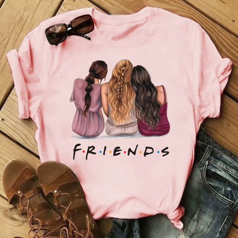 T-shirt à col rond imprimé dessin animé Good Friends pour femme, haut graphique, manches courtes, dé