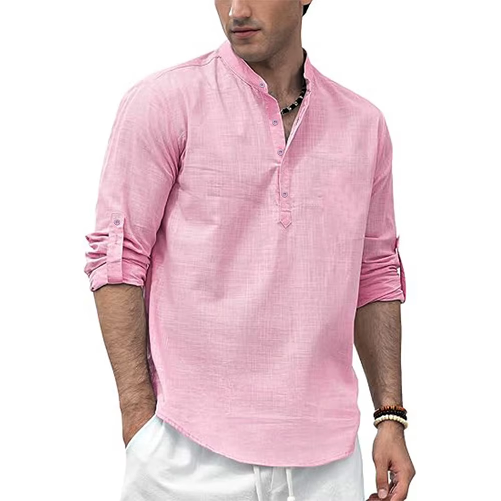 Polo à manches longues en coton et lin pour hommes, léger, col Henley, Style plage hawaïen, couleur 