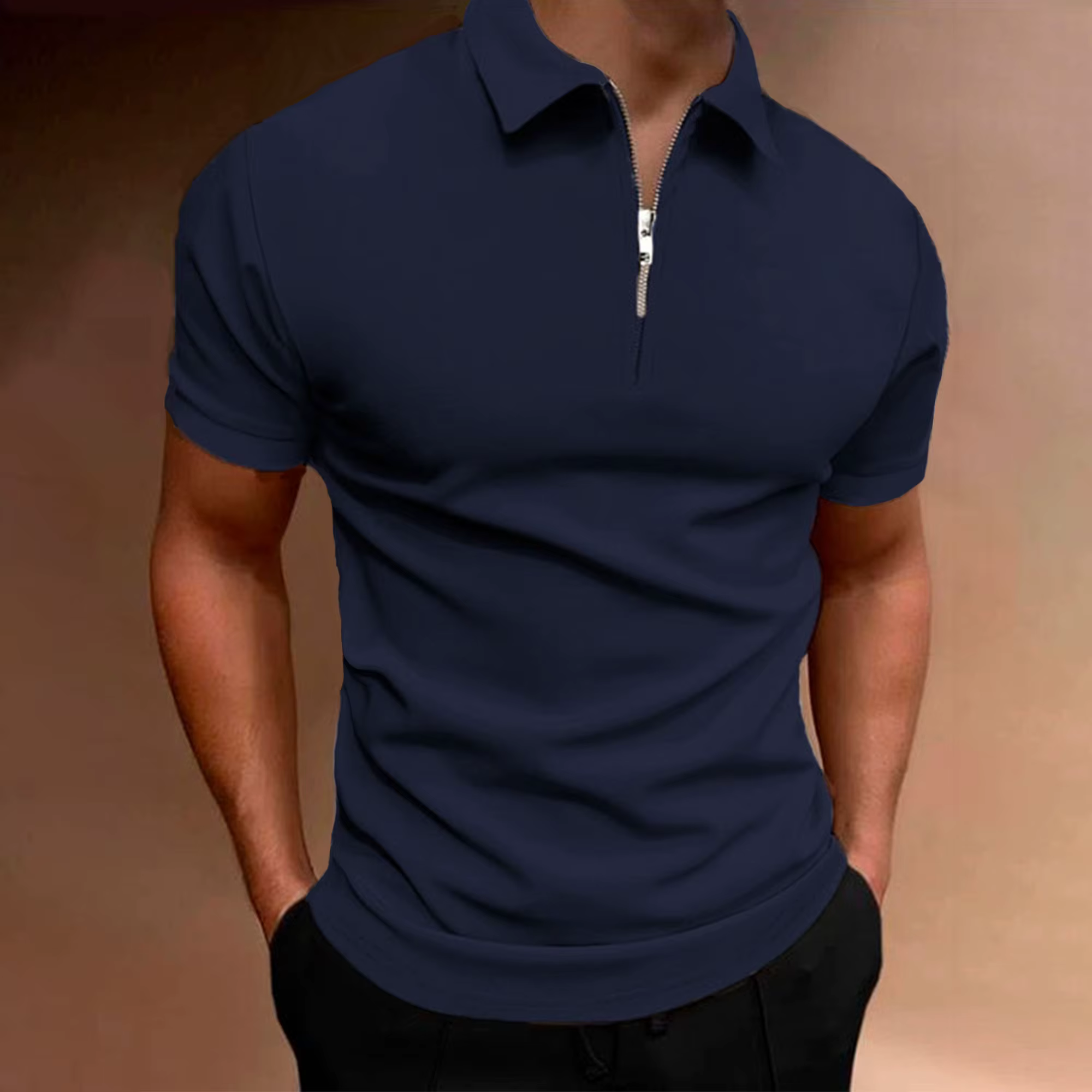Polo pour hommes, couleur unie, manches courtes, fermeture éclair, revers, haut décontracté