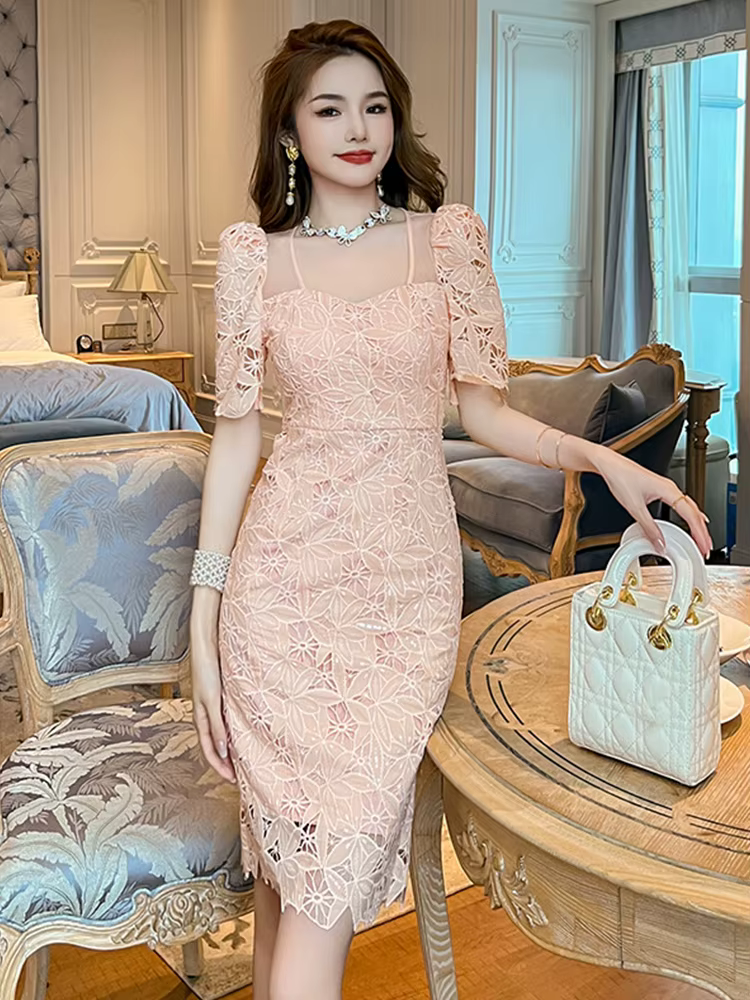 Fashion Summer Lace Elegant Women Evening Short Dress Chic Hollow Sexy Square Collar Slim Mini Party