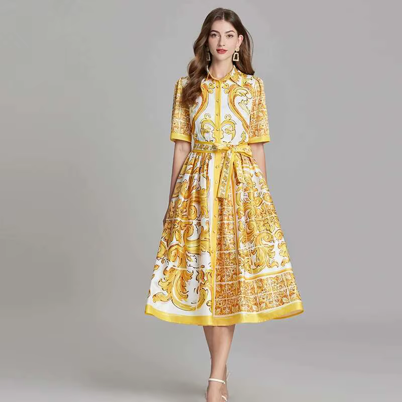 JAMERARY-Robe Mi-Longue à Fleurs Dorées pour Femme, Chemise à Simple Boutonnage, lèvent de Perles, M
