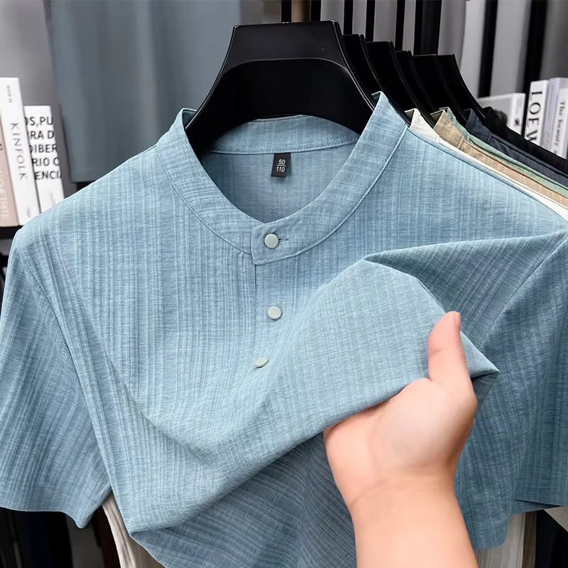 T-shirt Henley en lin texturé pour homme avec col mandarin, tissu respirant, manches courtes, pour l
