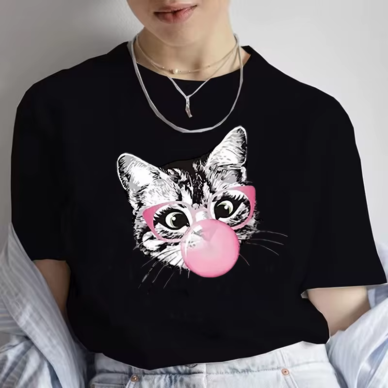 T-shirt Kawaii pour femmes, imprimé chat meme, décontracté, manches courtes, col rond, pour l'été, s