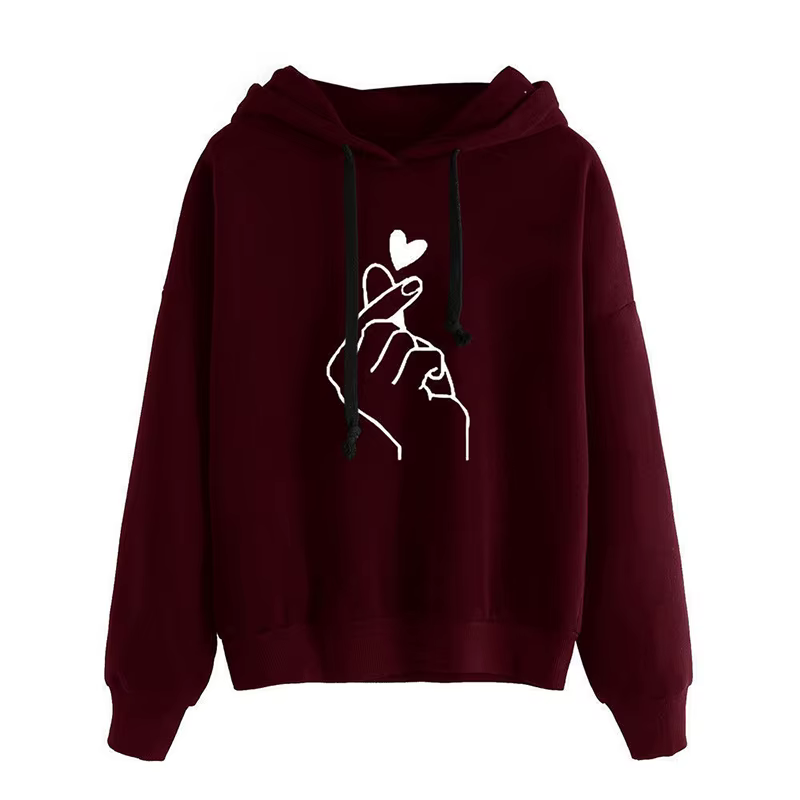 Automne sweat à capuche polaire couleur unie doigt coeur à capuche mode coréenne sweats à manches lo