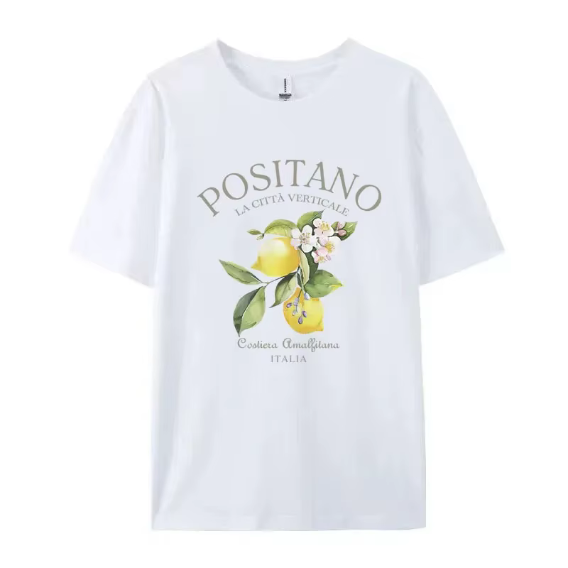 T-shirt à manches courtes imprimé citron Positano unisexe, haut décontracté à col rond, fruits vinta