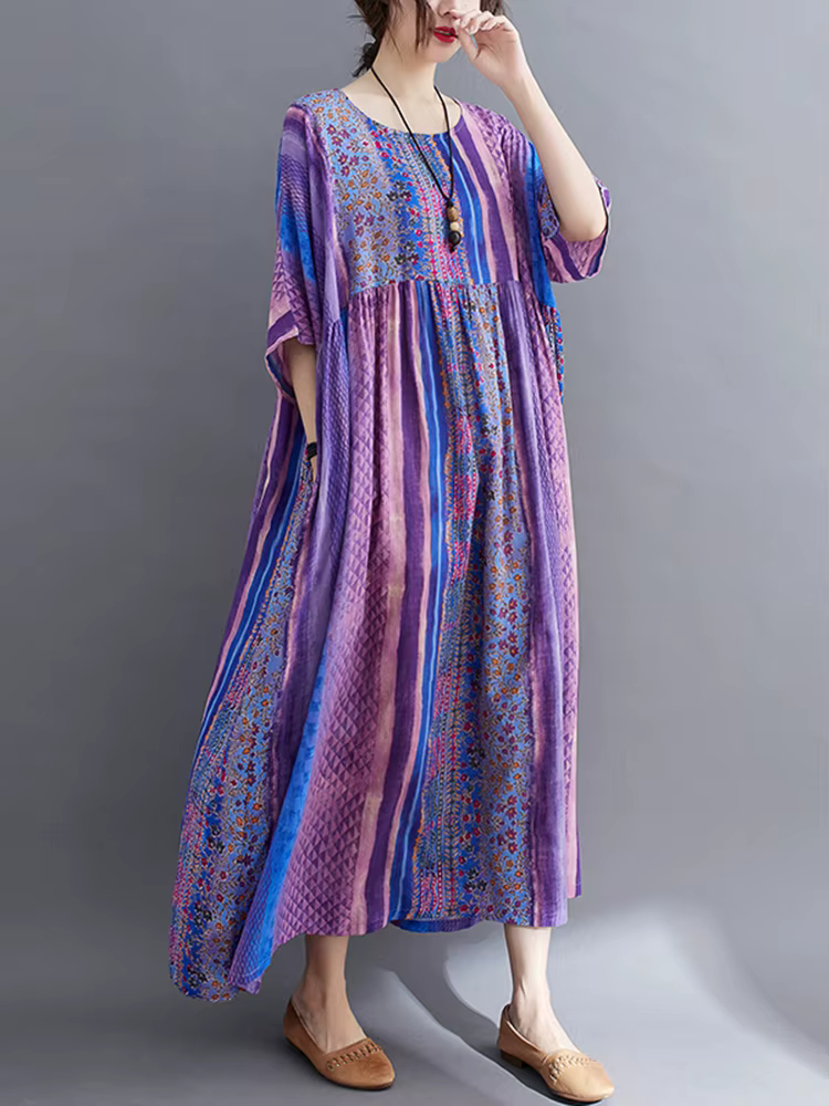 Manches courtes coton lin Vintage violet robes florales pour les femmes décontracté ample longue rob