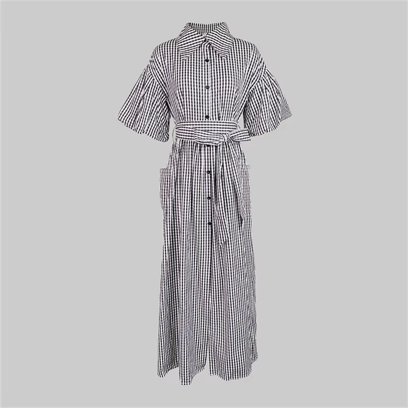 Yeezzi 2025 nouvelle mode Plaid revers chemise robe femmes manches à volants poches boutonnées fente