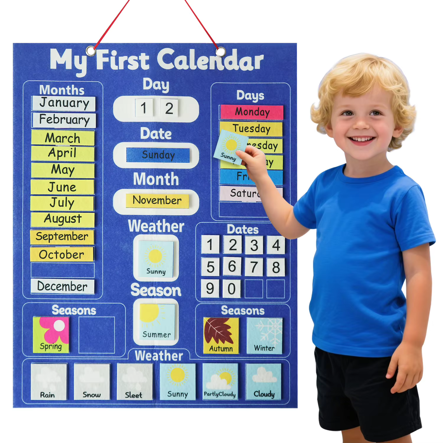 Tableau en feutre pour calendrier des enfants - Calendrier mural d'apprentissage précoce avec météo,
